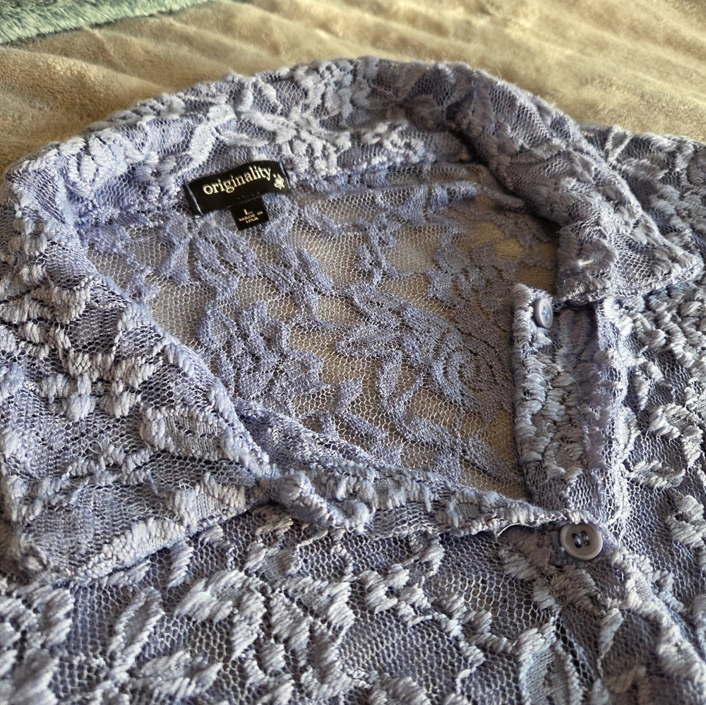 Blue - Lace Originality Button Down Blouse - Large - Picture 5 of 6